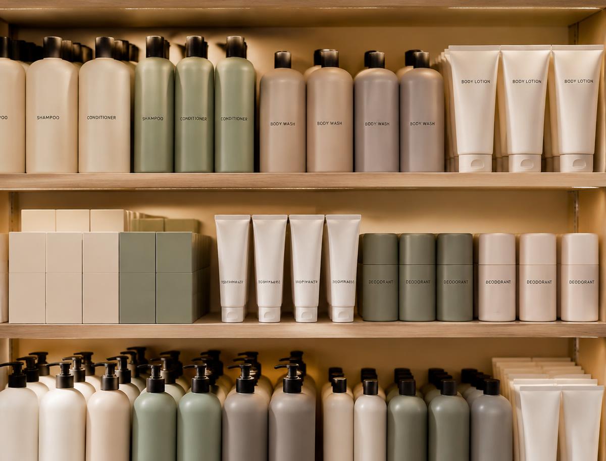 Shelves of shampoo, conditioner, body wash, lotion and deodorant