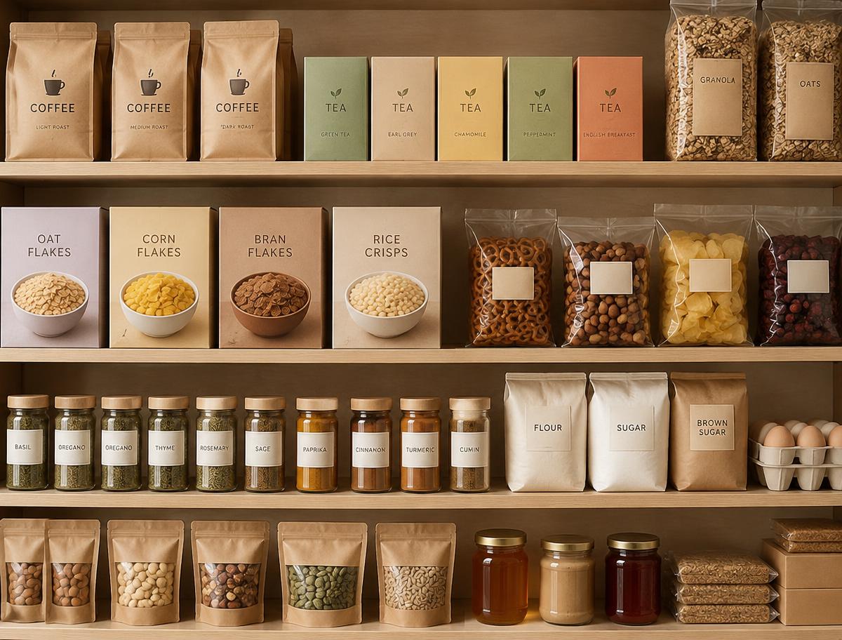 Organized shelves of coffee, tea, cereals, snacks and spices