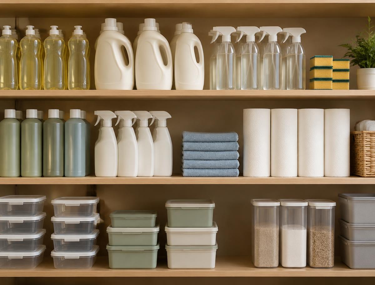 Shelves of dish soap, laundry detergent, cleaning sprays, paper towels and storage containers
