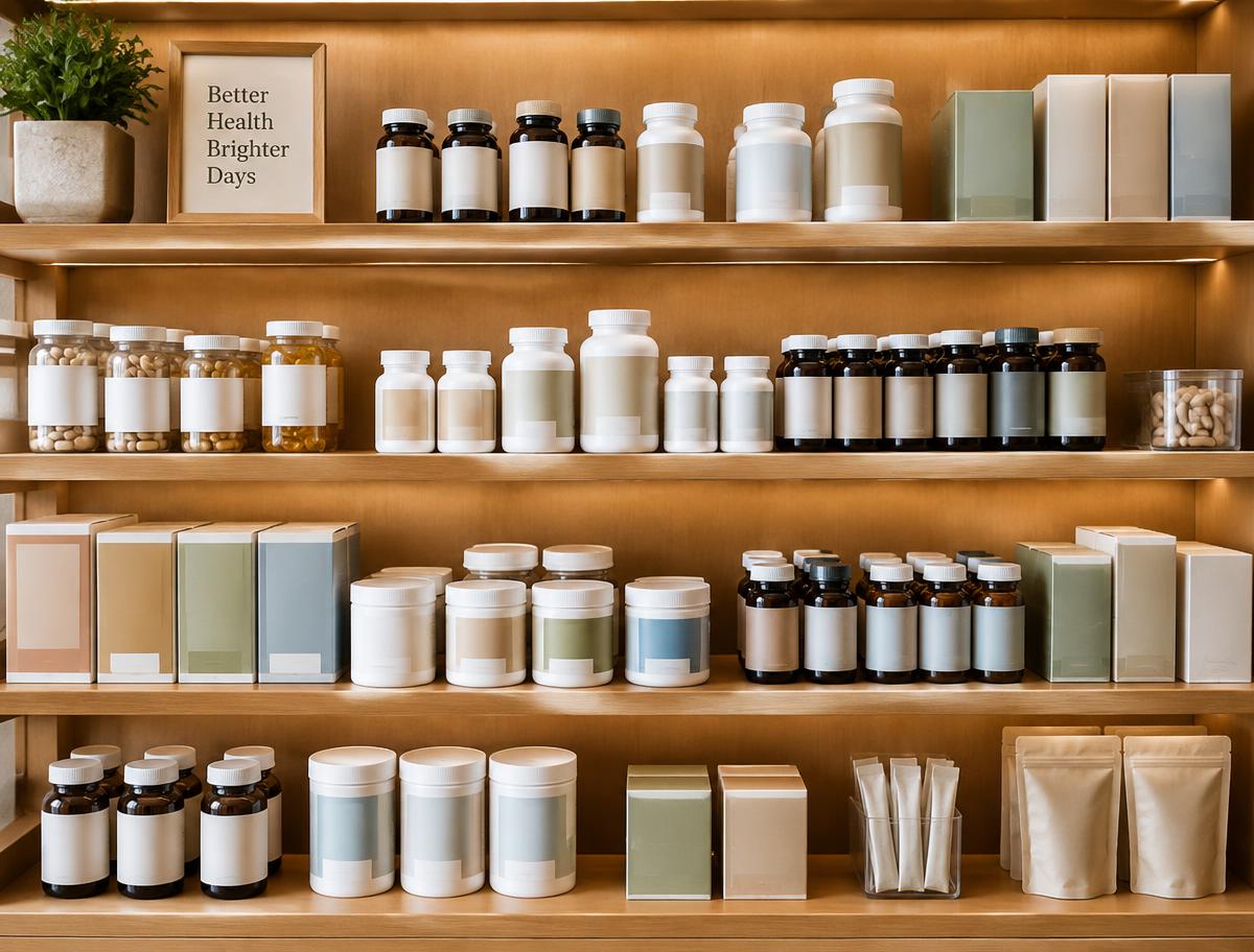 Neatly arranged shelves of vitamin and supplement bottles